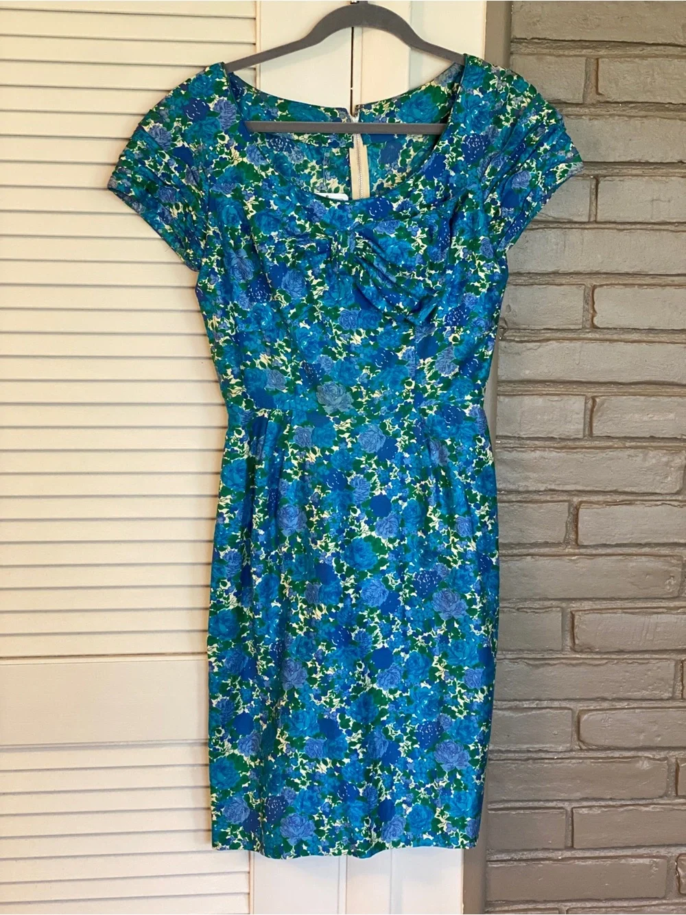 Vintage Blue & Green Floral Cap-Sleeve Sheath Dress 50’s 60’s - Picture 1 of 8